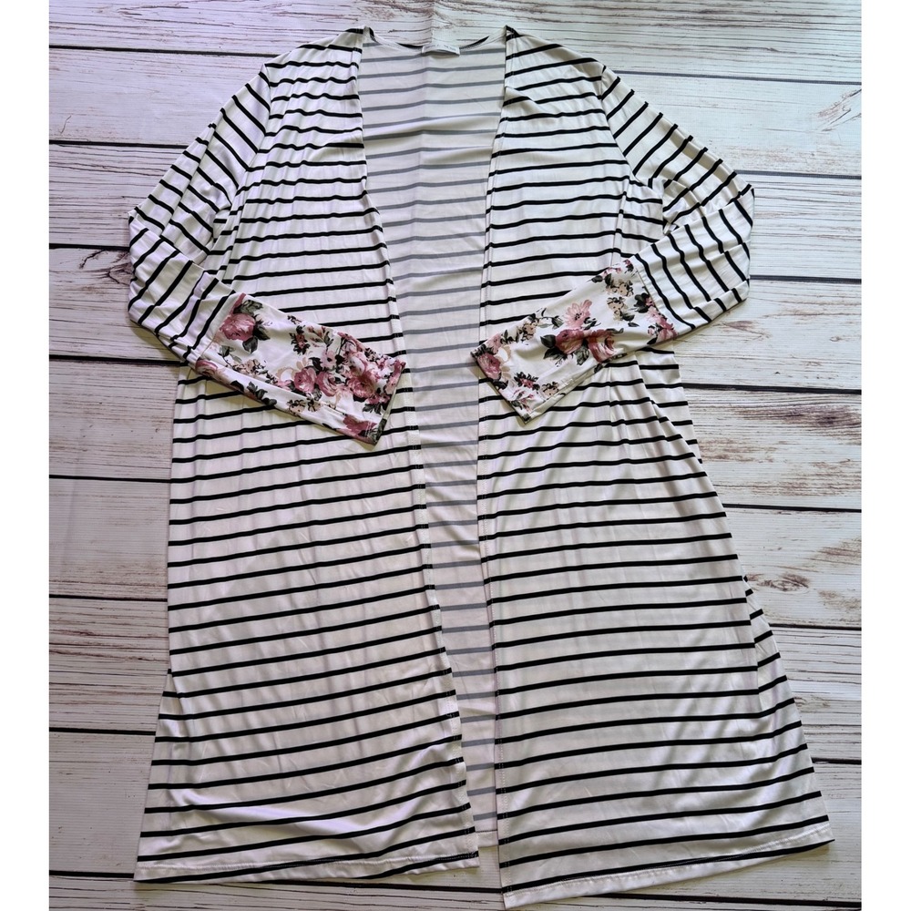 Reborn J The Plus Striped Floral Cuff Duster Cardigan White Black 3XL